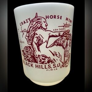 Vintage milk, glass coffee mug, 
Crazy Horse Mountain Black Hills, South Dakota